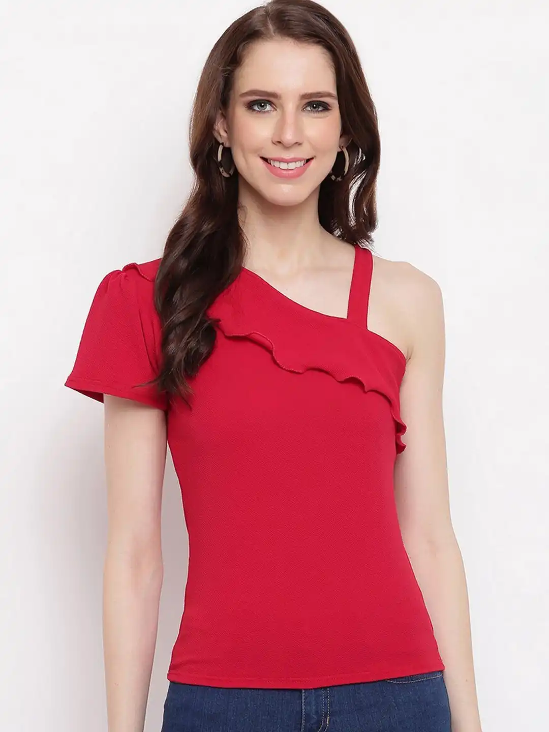 Buy RIVI Red One Shoulder Strap Cap Sleeve Solid Top - Tops for