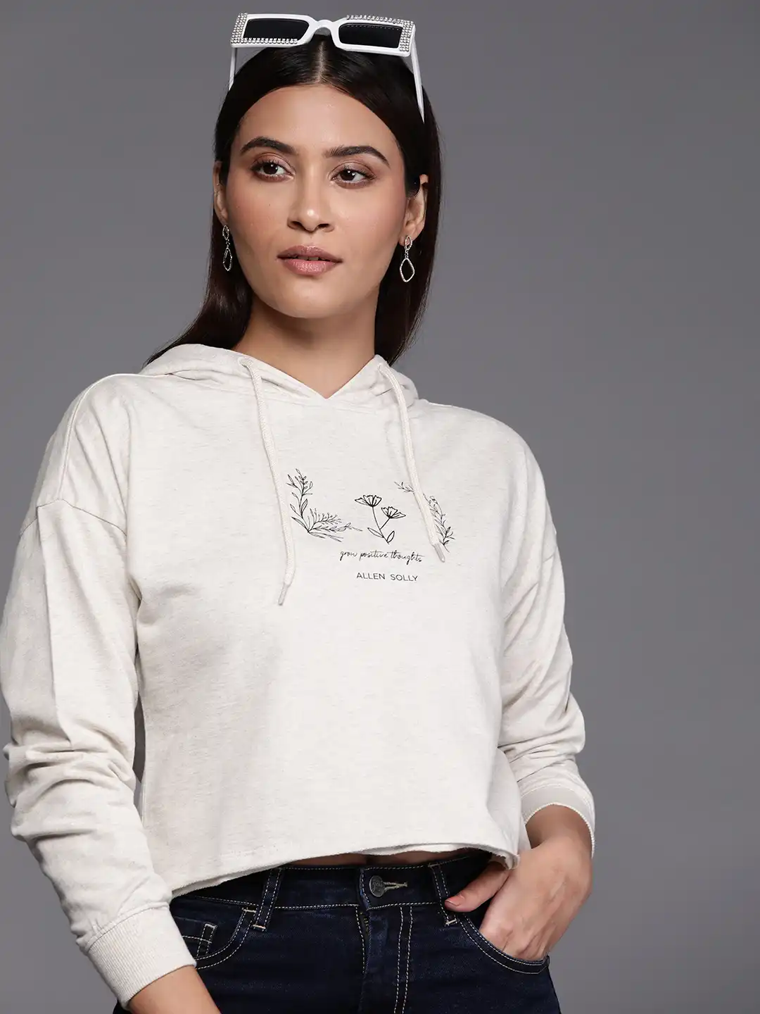 Buy Allen Solly Woman Printed Pure Cotton Hooded Crop Sweatshirt