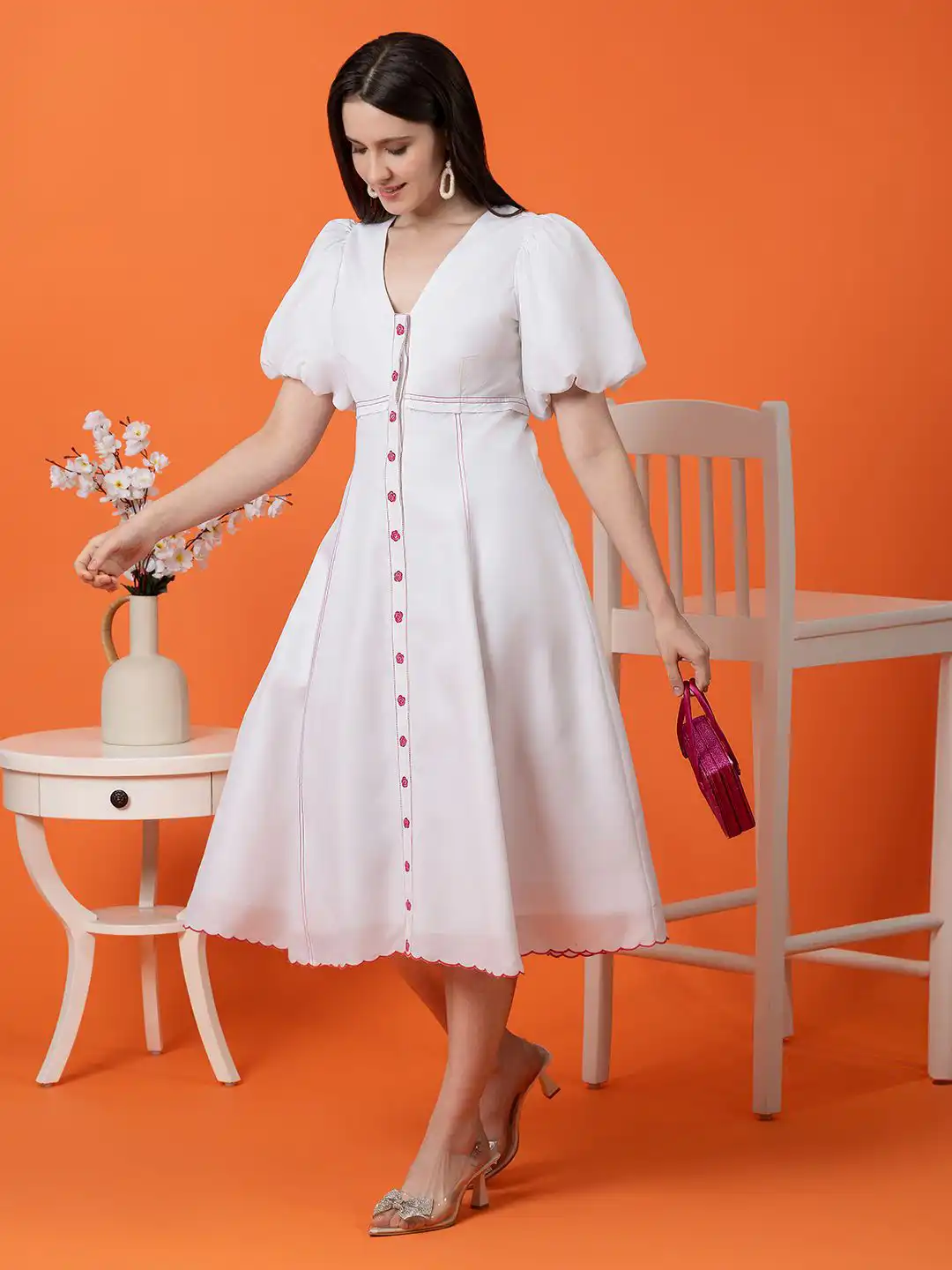 Buy BLANC9 Puff Sleeve Fit & Flare Midi Dress With Scallop Hem - Dresses  for Women 30612264 | Myntra