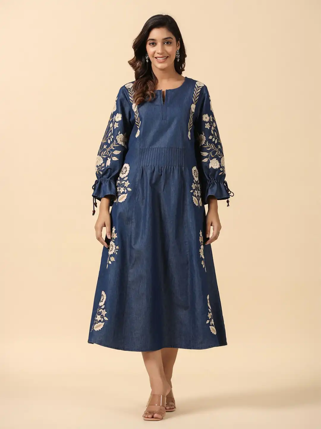 Buy SAVI Floral Embroidered Cuffed Sleeve Denim A-Line Dress