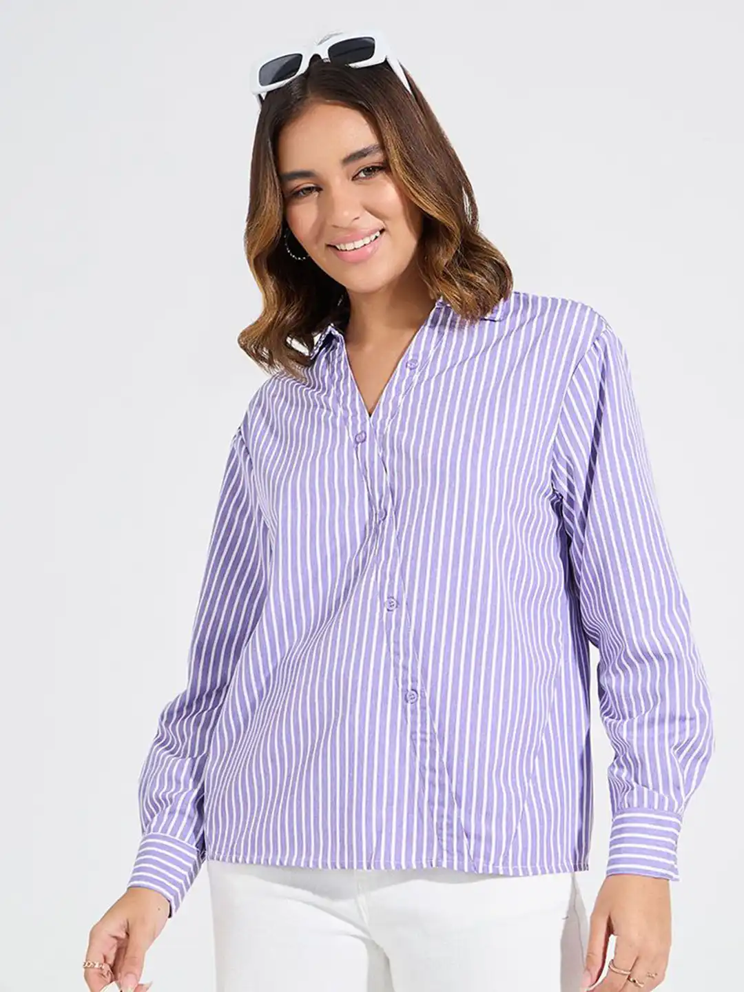 Buy Women Striped Oversized Shirt with Asymmetric Button - Shirts