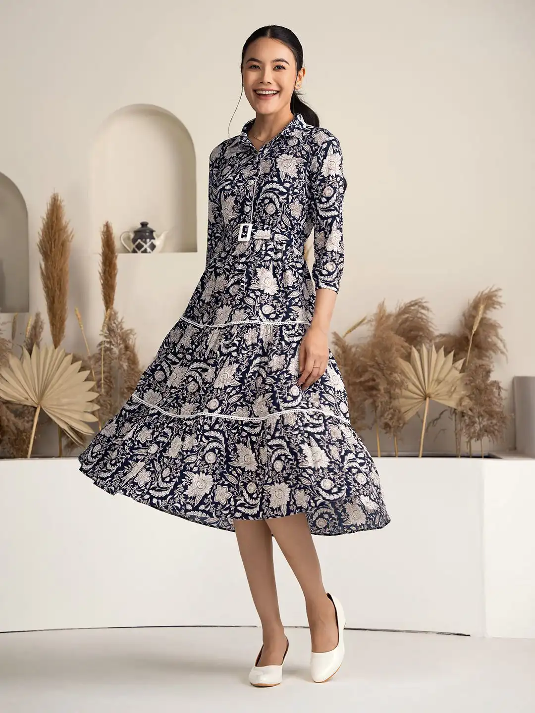Buy DressBerry Women Floral Printed Fit & Flare Belted Tiered Knee Length  Dress - Dresses for Women 30708544 | Myntra