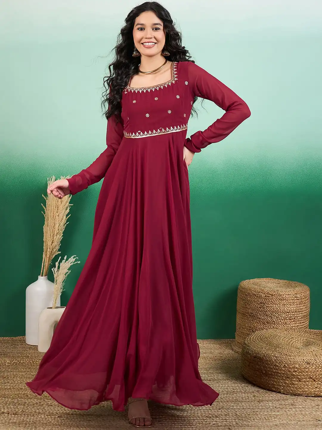 Buy Sangria Women Floral Zari and Sequinned Embroidered Maxi Ethnic Dress -  Ethnic Dresses for Women 30796406 | Myntra