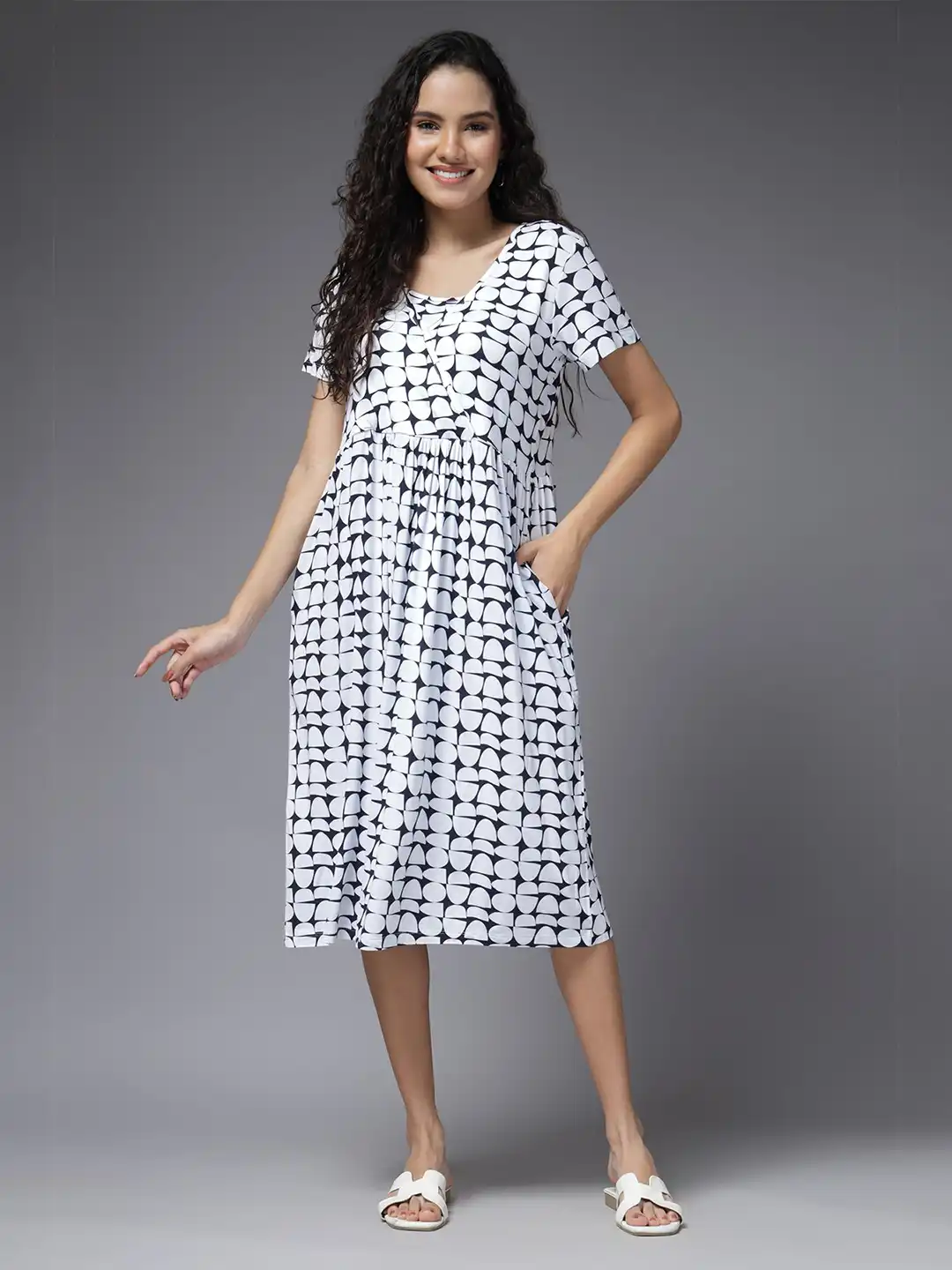 Buy House Of Zelena Pure Cotton Printed Flared Sleeve A-Line