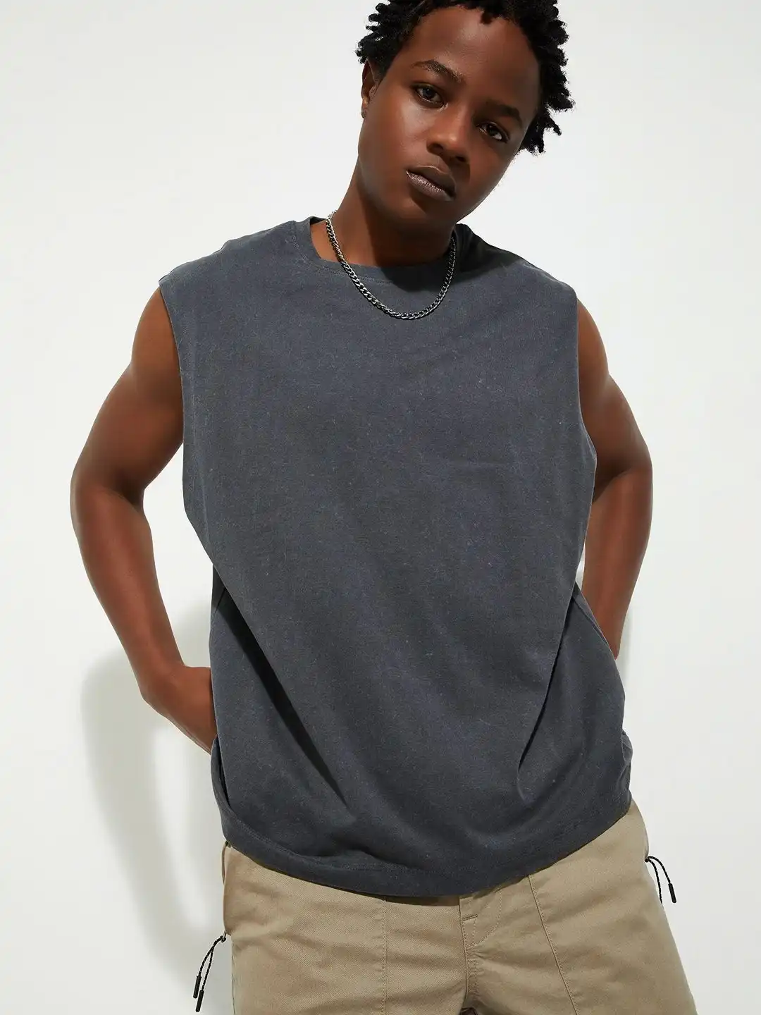 IDEASWAM SLEEVELESS TEE (GREY) イデアスワム Ｍ Buy max URB_N Men Washed Regular Fit Sleeveless T-shirt - Tshirts