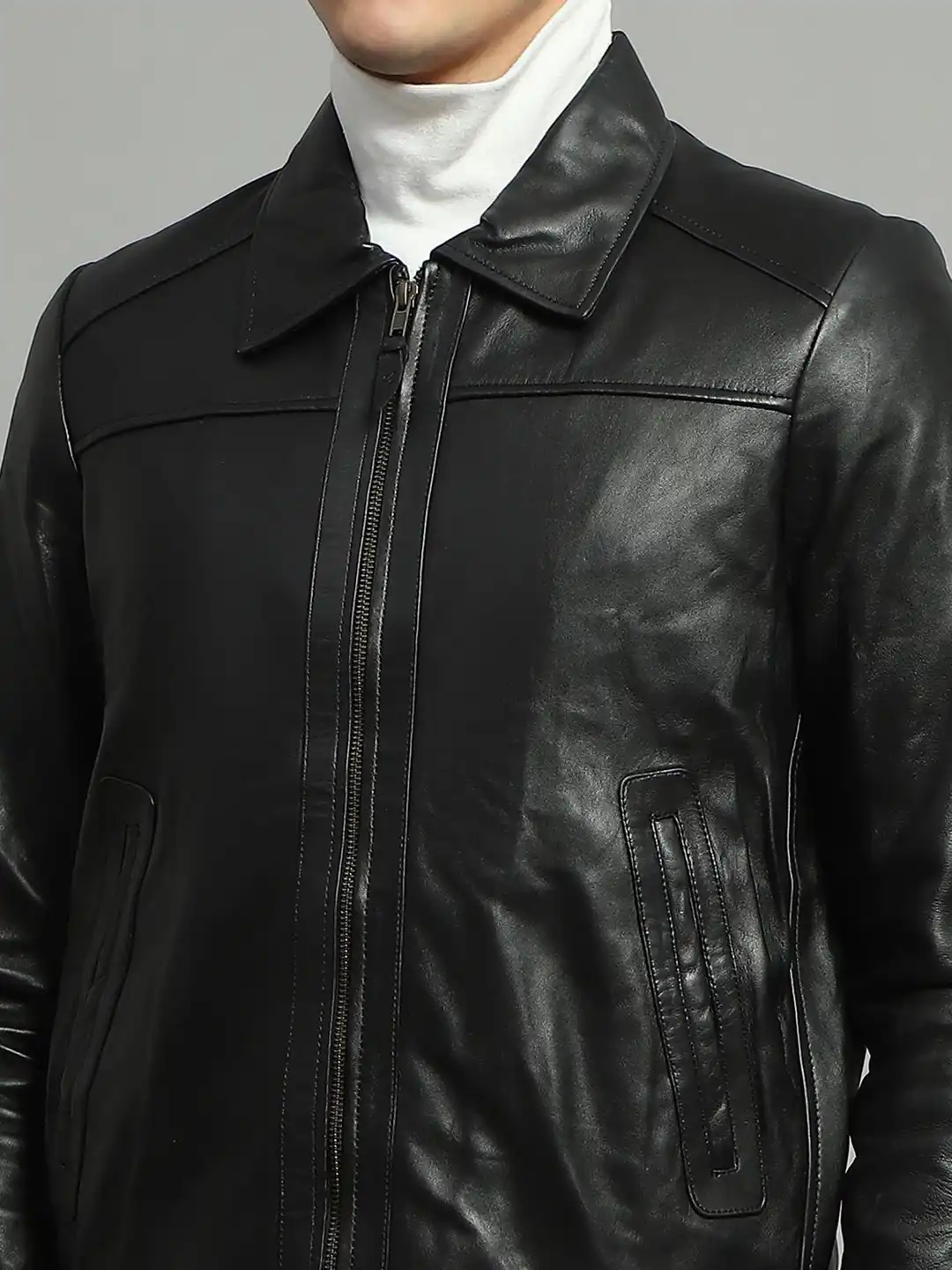 Buy Monte Carlo Men Spread Collar Solid Casual Leather Jacket