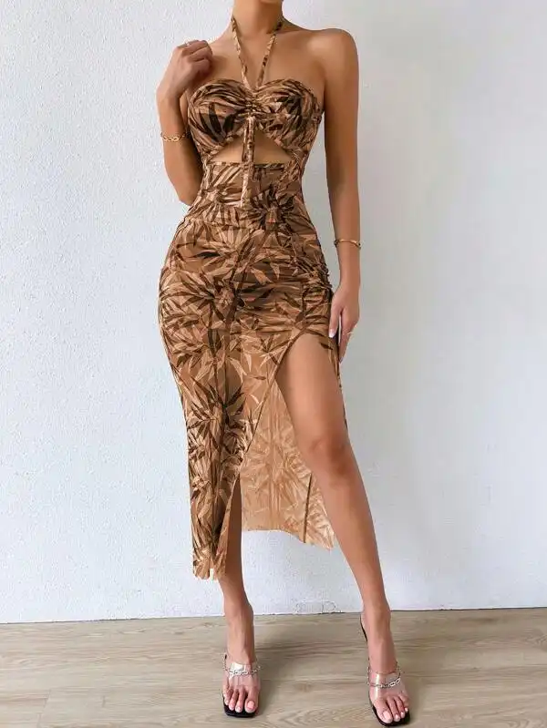 wrap halter dress Slinky Halter Neck Frill Leopard Print Mini Dress main image 0