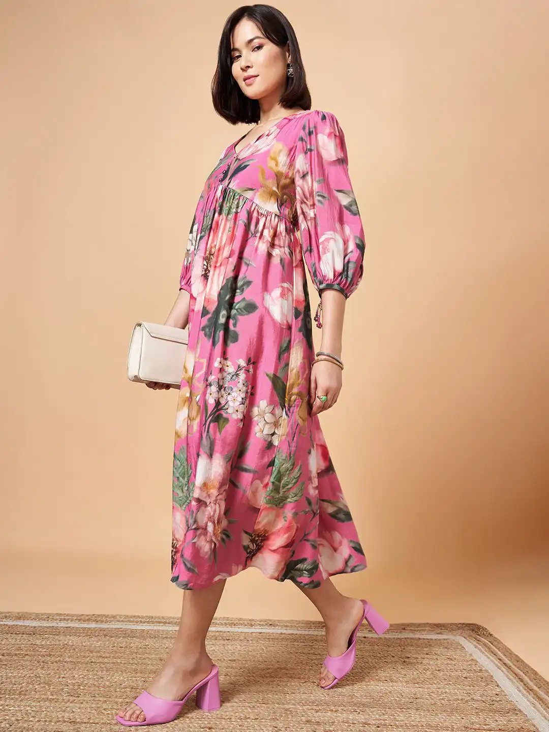 Buy Marigold Lane Floral Printed Puff Sleeve A-Line Midi Dress