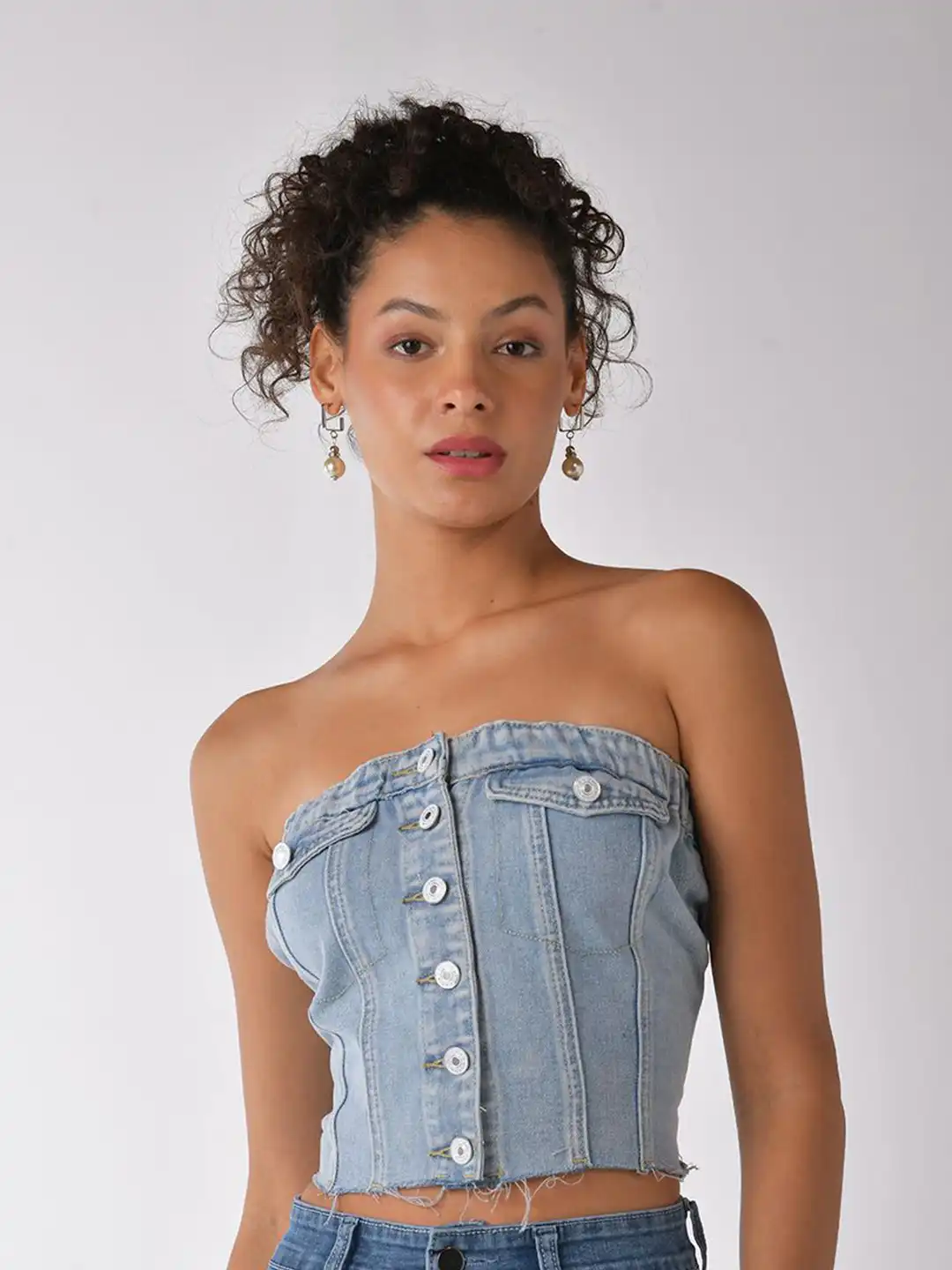 Buy IZF Casual Solid Off-shoulder Denim Corset Top - Tops for