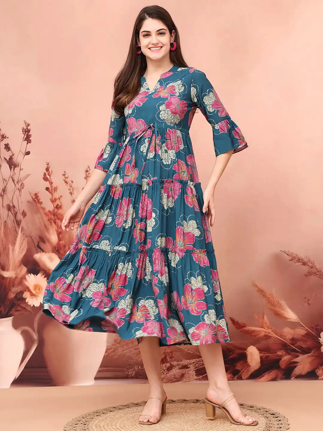 Buy Claura Floral Print Puff Sleeve Fit & Flare Midi Dress