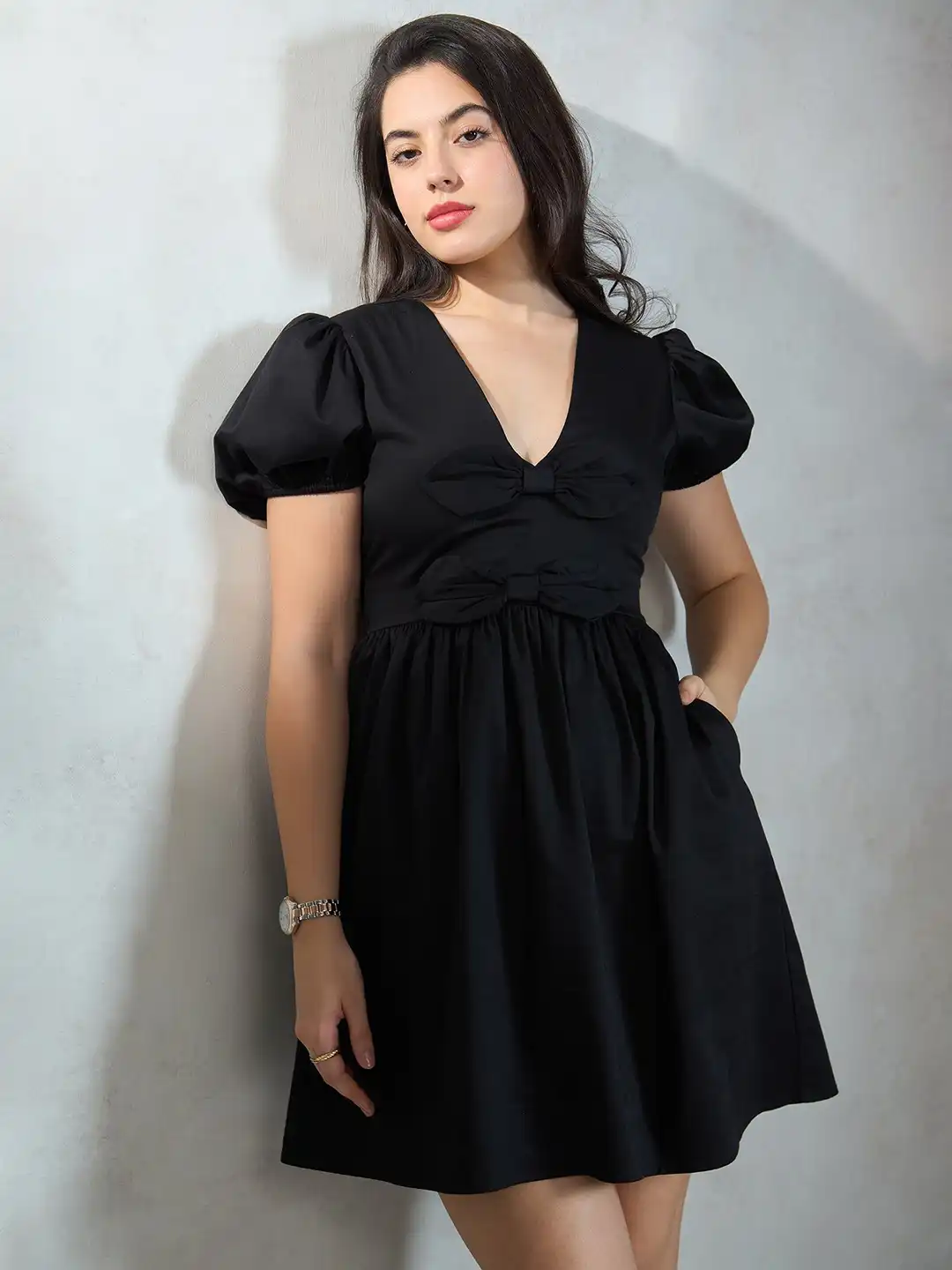 Buy Virgio Cotton Stretch Black Mini Bow Dress - Dresses for Women