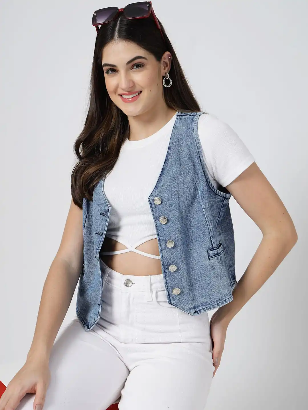 Buy COSMIC TRIO V-Neck Pure Cotton Denim Waistcoat - Waistcoat for