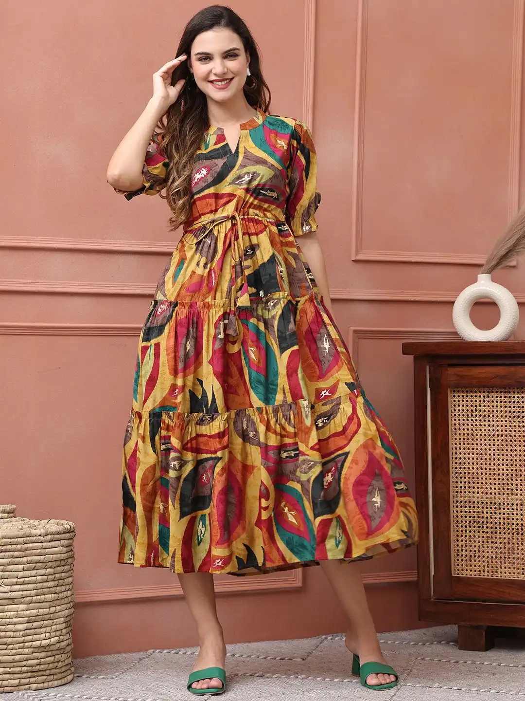 women fit and flare midi dress (S) 70s Lace Eyelet Bell Sleeve Maxi Dress main image 0