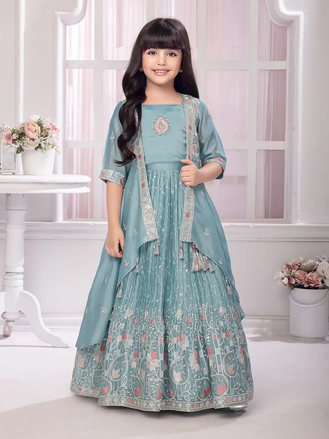 Buy Tiny Kingdom Girls Embroidered Thread Work Ready to Wear Lehenga & Long  Jacket - Lehenga Choli for Girls 31446733 | Myntra