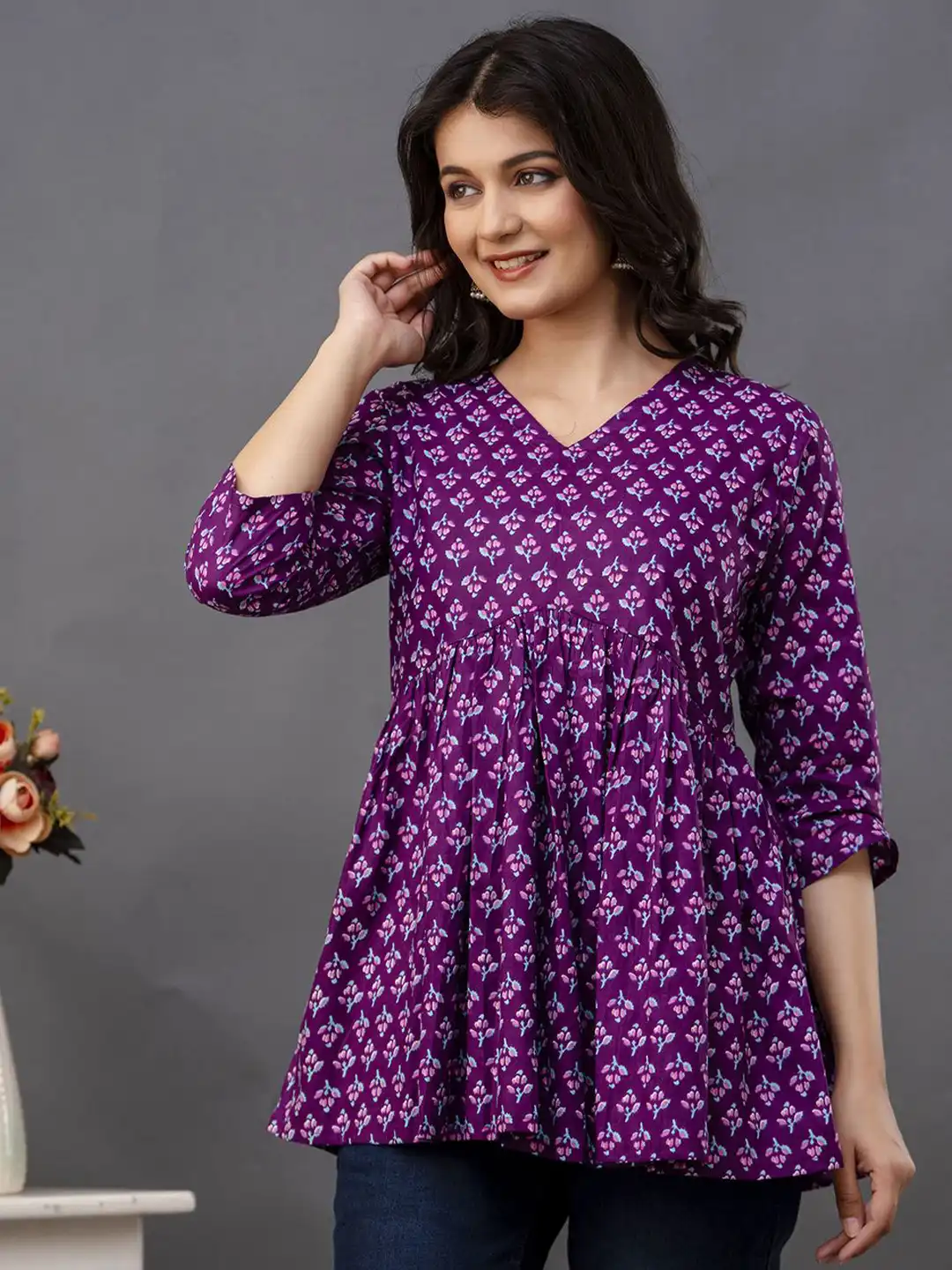 Buy NISHABD Women Floral Printed Pure Cotton Three-Quarter Sleeves