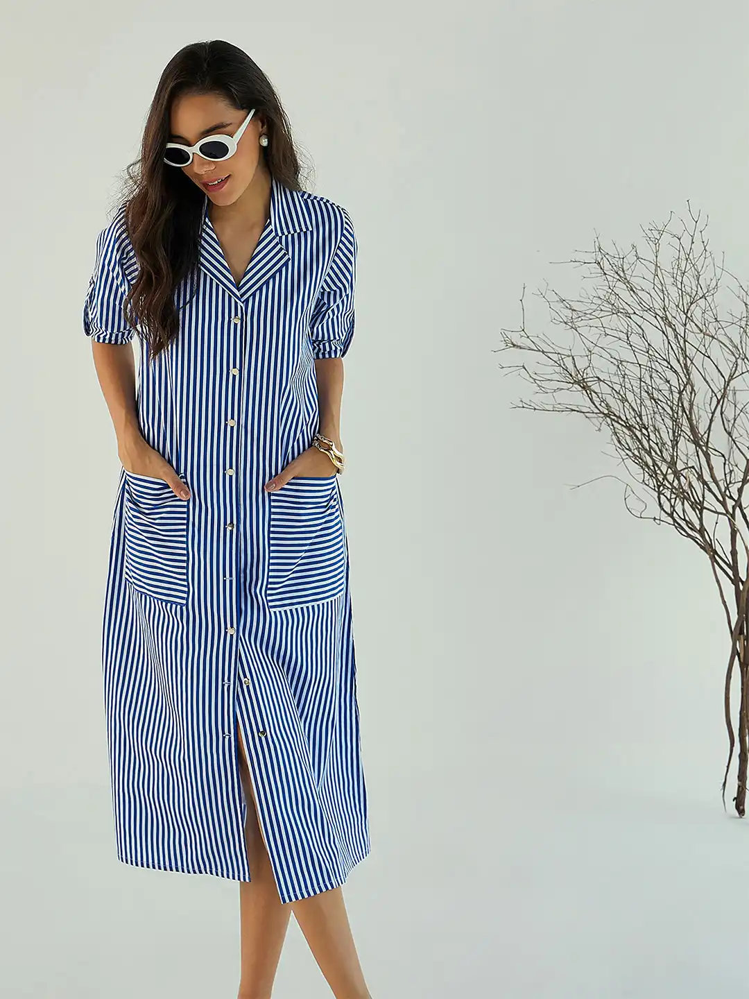 Buy Pink Paprika by SASSAFRAS Women Striped Cotton A-Line Midi