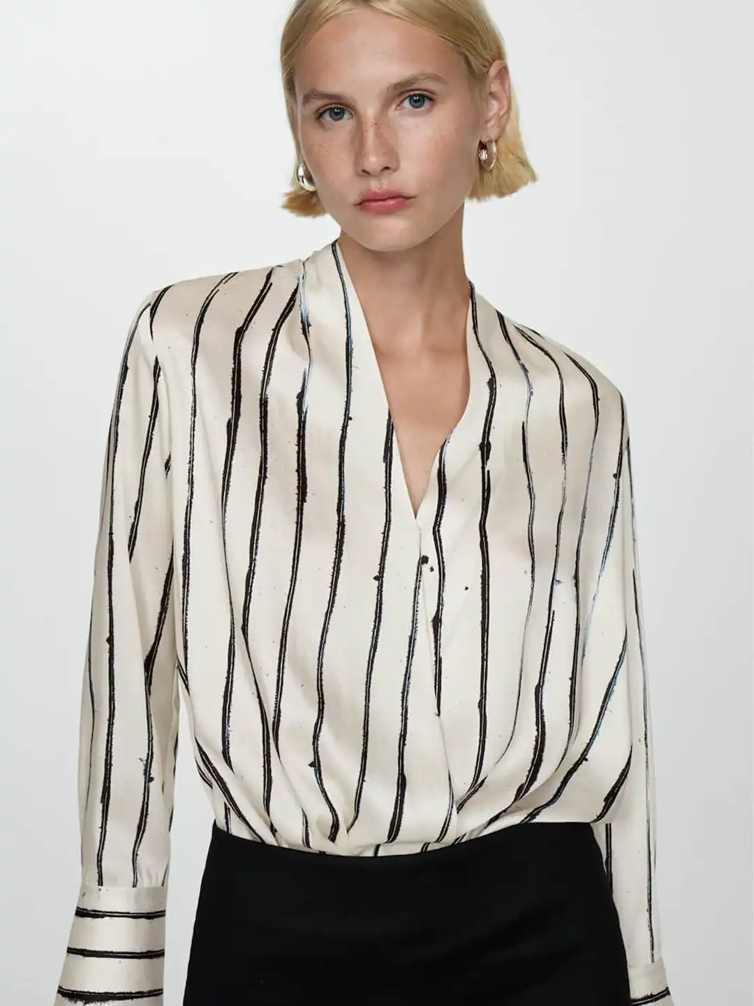 ラスト　T. Domingo's Stripe From Domingo Buy MANGO Striped Monochrome Satin-Finish Wrap Top - Tops for
