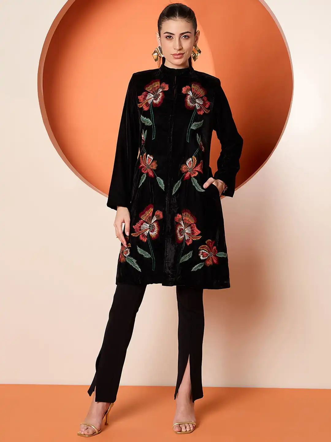 Buy Antheaa Women Embroidered Velvet Longline Tailored Jacket
