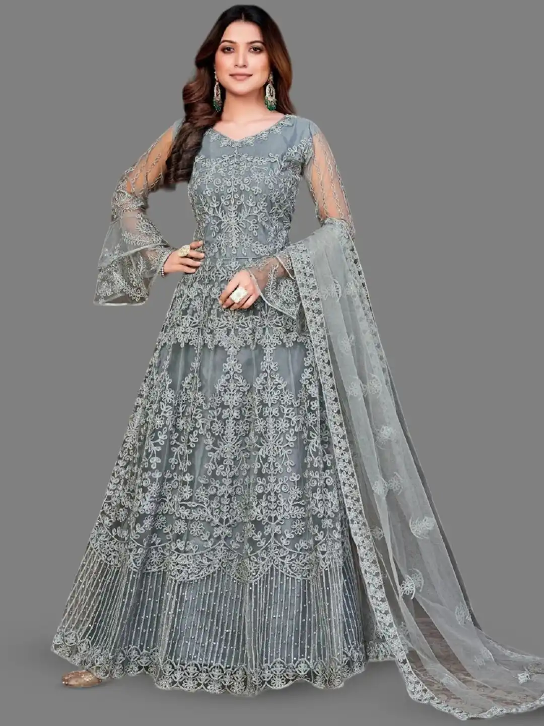 grey net dress Grey Sequins Embroidered Net Lehenga Choli main image 0