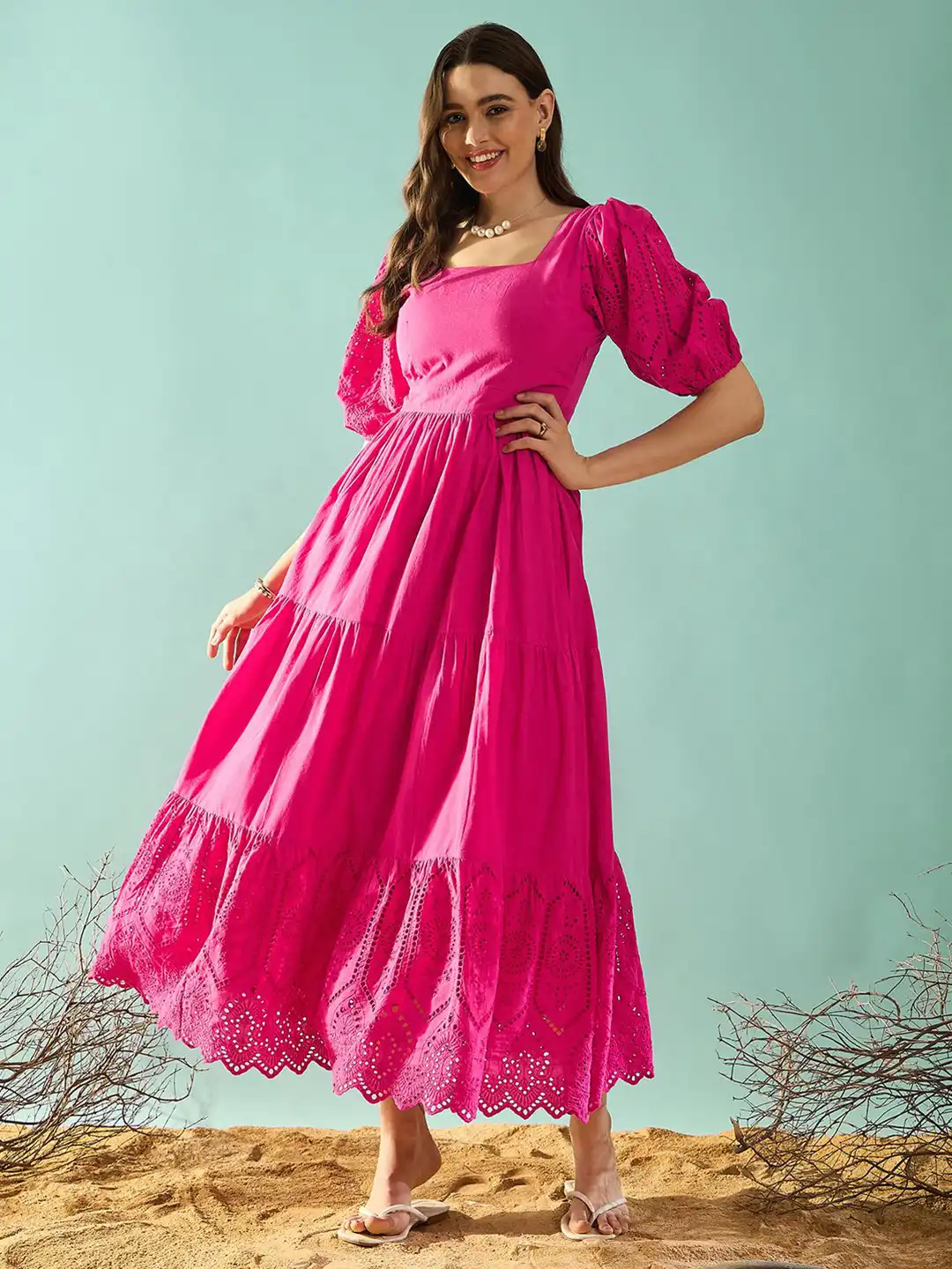 Buy PANIT Solid Schiffli Square Neck Puff Sleeve Maxi Dress