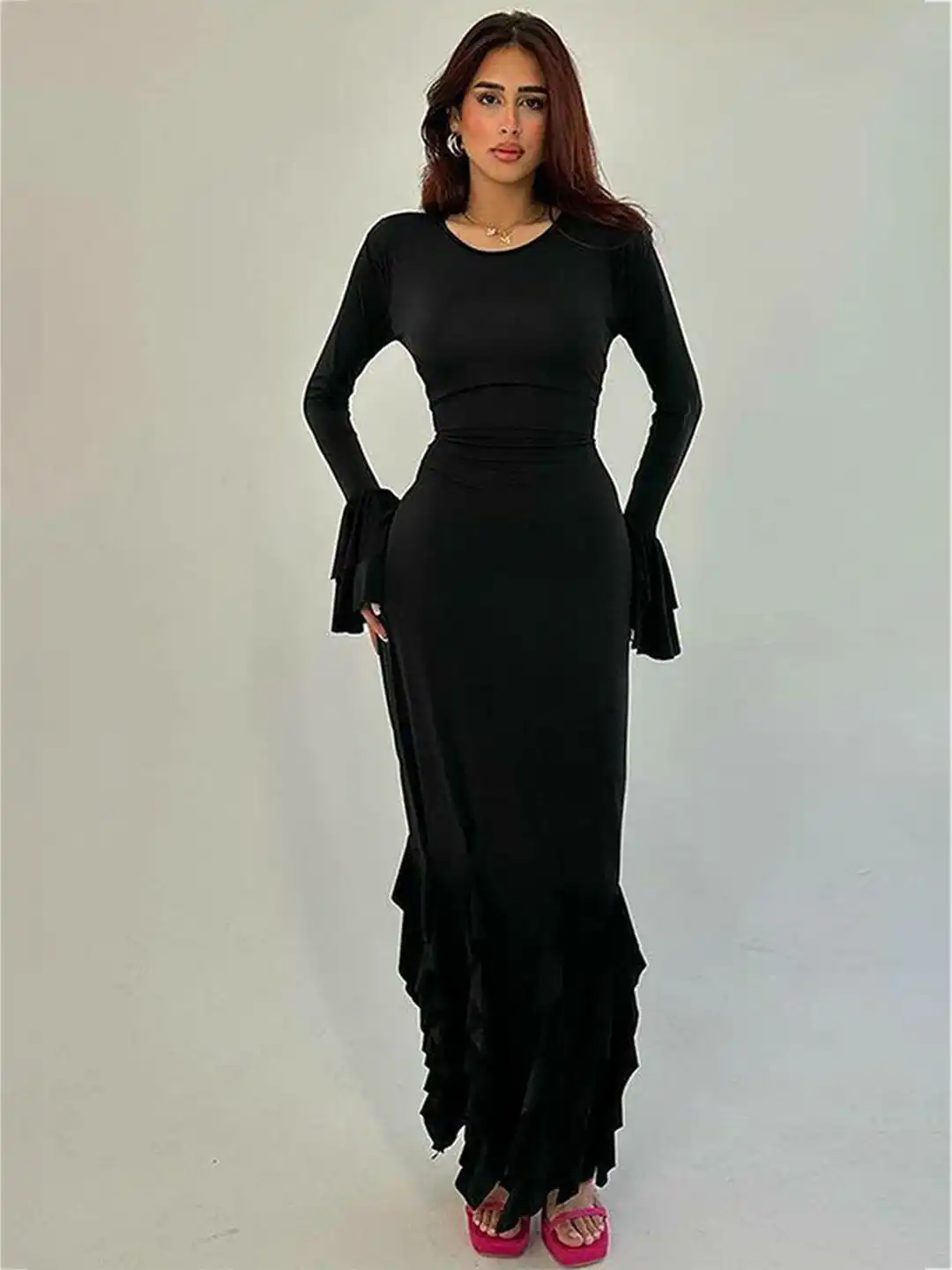 Buy LULU & SKY Women Black Full Sleeve Ruffle Maxi Dress - Dresses