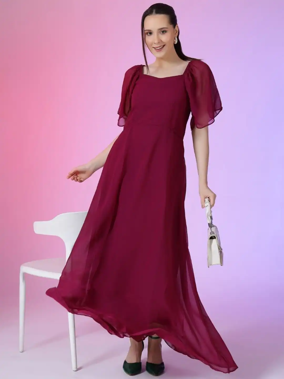 square neck fit and flare maxi dress in maroon Berrylush Women Solid Maroon Square Neck Puff Sleeves Crepe Flared Max main image 1