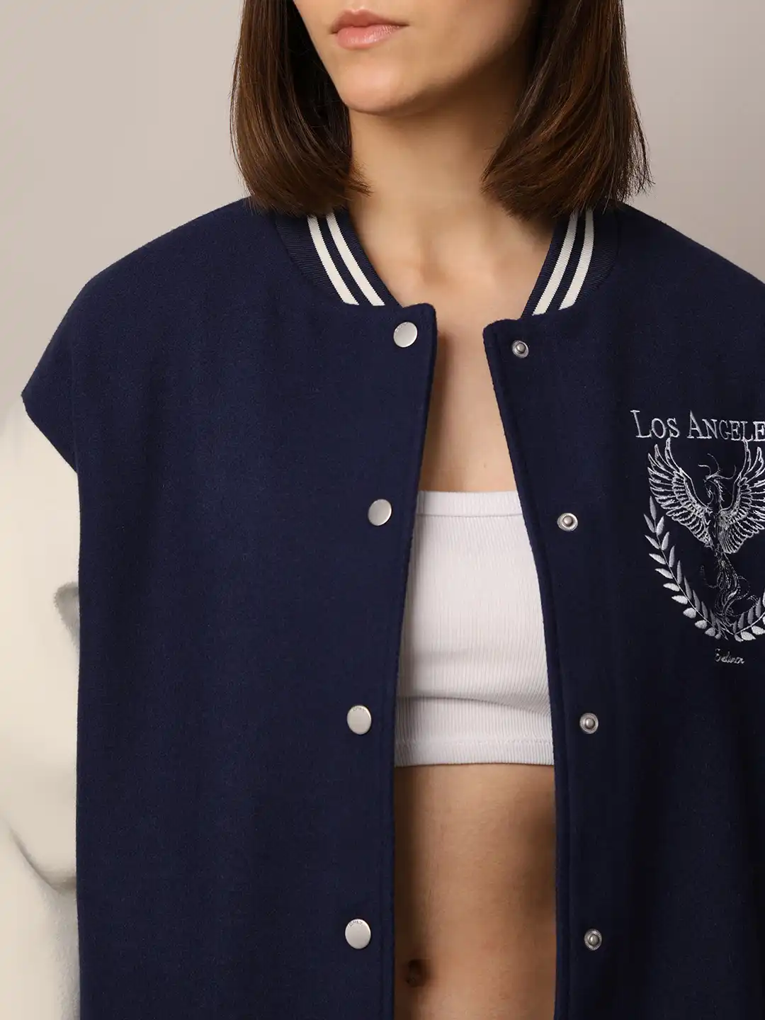 Buy ONLY Women Stand Collar Colourblocked Casual Varsity Jacket