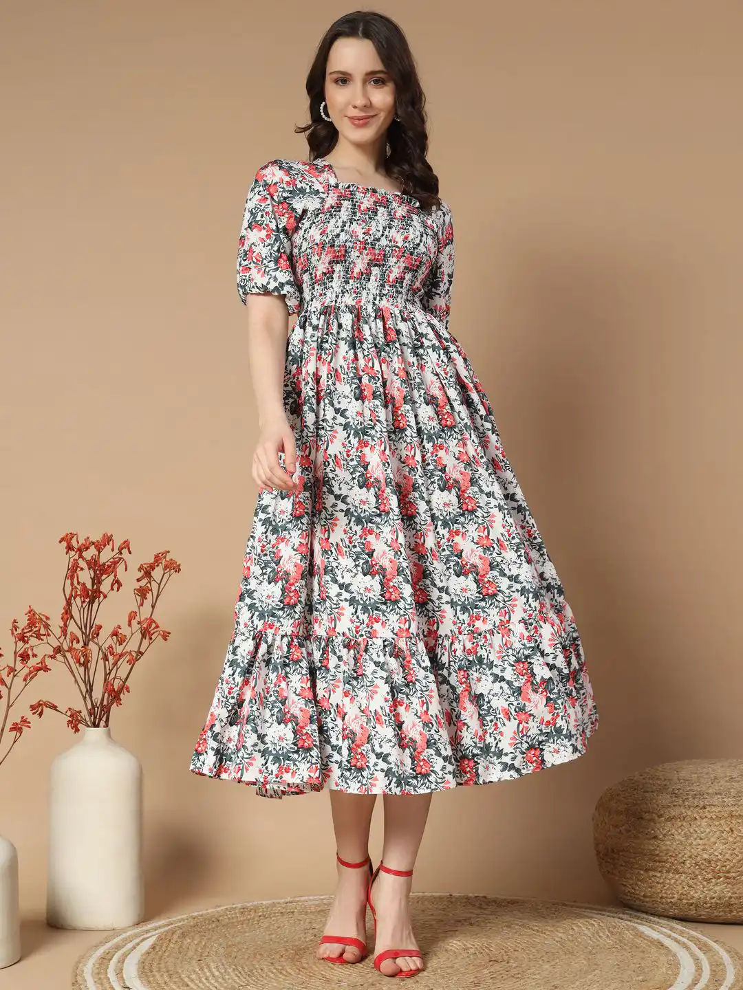 Buy ZWERLON Floral Print Puff Sleeve Formal A-Line Midi Dress