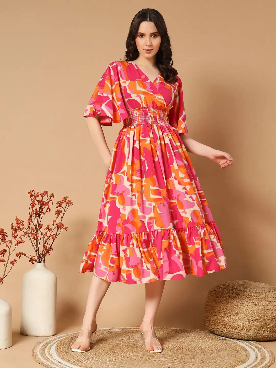Buy ZWERLON Women Abstract Printed Flared Sleeve Fit and Flare
