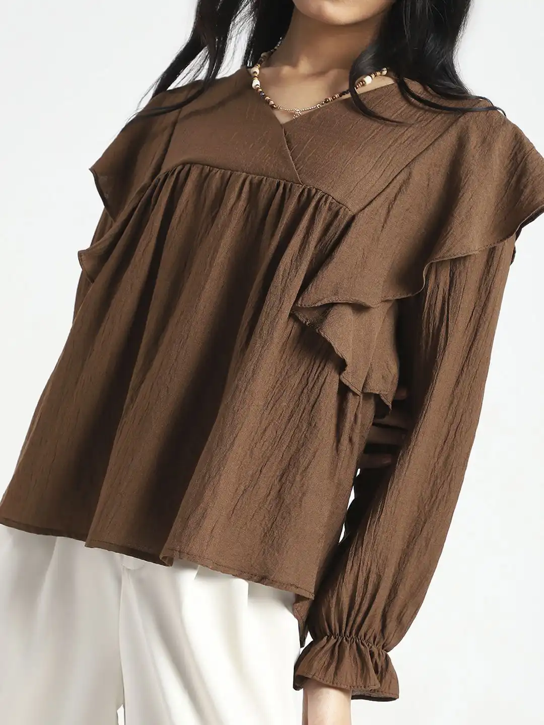 Buy Sera Women Brown Cotton Nylon Ruffle Korean Top - Tops for