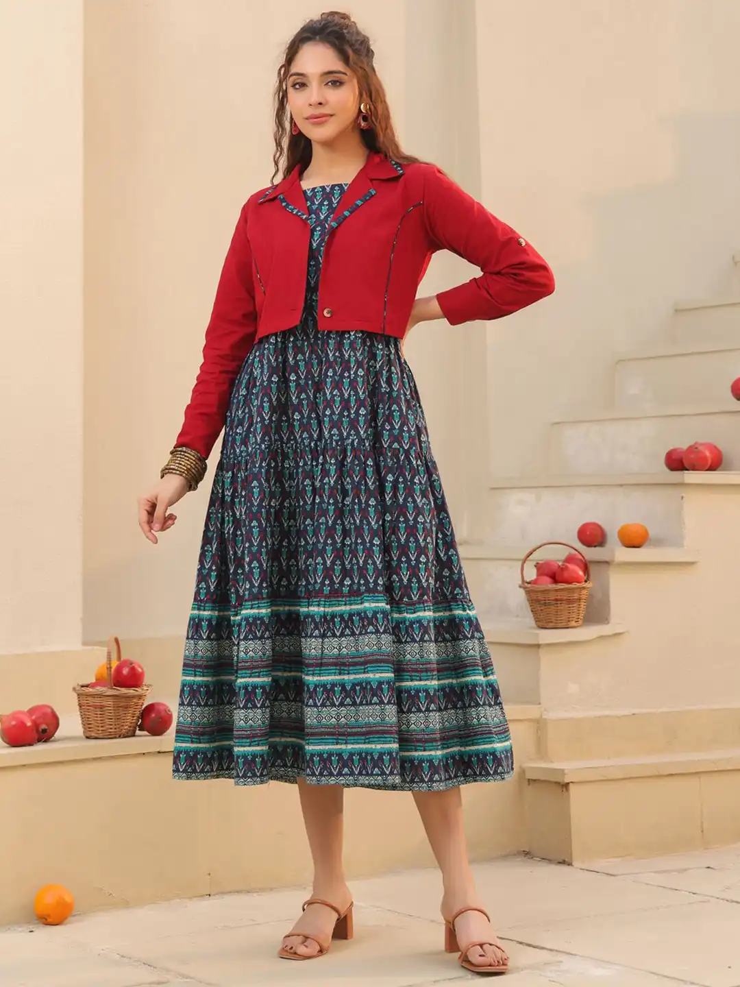 Buy Rain & Rainbow Women Ethnic Motifs Printed Fit & Flare Dress With Jacket - Dresses for Women 33584424 | Myntra Buy Rain & Rainbow Women Ethnic Motifs Printed Fit & Flare Dress With Jacket - Dresses for Women 33584424 | Myntra