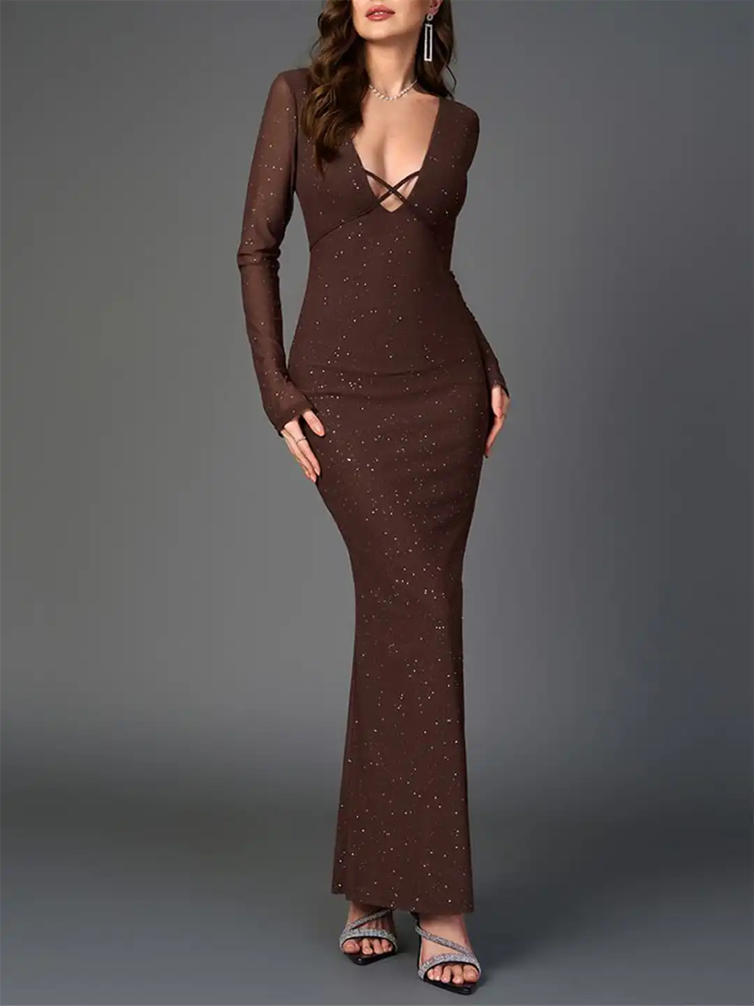 bebe brown dress Buy Glitter Plunge V-Neck Criss-Cross Bust Bodycon Maxi - Dresses for Women 33619176 KissProm Sparkly Royal Blue Shahida linen dress Flatter your form with Color:Green Crush