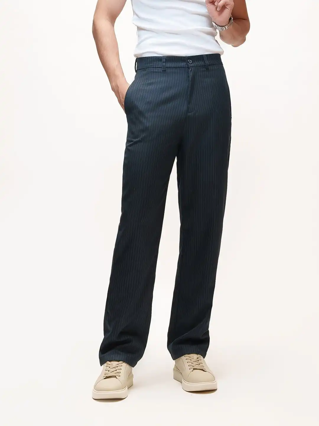 Buy FREAKINS Men Steel Navy Men's Pinstripe Pants - Trousers for
