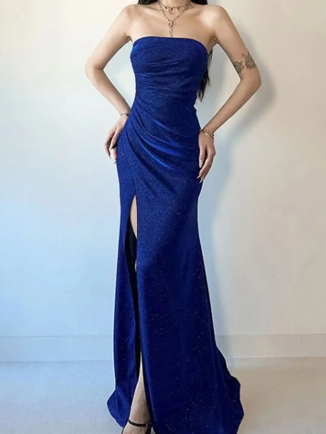 blue long satin dress Blue Satin A-line Long Prom Dresses With High Slit SP798