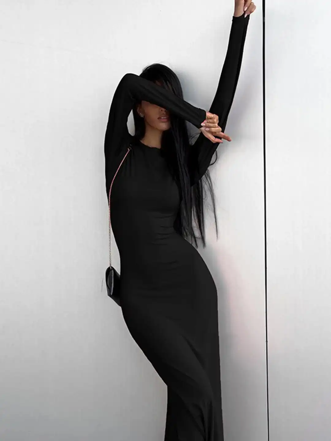bodycon tunic dress Women Solid Black One-Shoulder Neck Sleeveless Thigh-High Slit Flared Bodycon  Maxi Dress main image 1