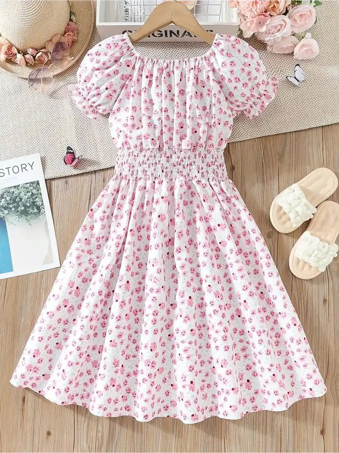 Buy White World Girl Floral Print Puff Sleeves Smocked Fit & Flare Dress - Dresses for Girls 33727425