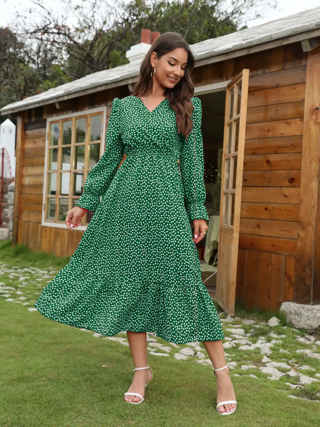 green and white spot dress Slightly Stretchy Halter Neck A-Line Midi Evening Dress for Elegant  Occasions main image 1