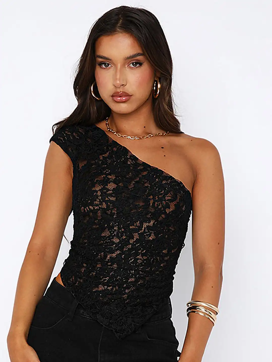 Buy LULU & SKY Floral Self Design Lace Inserts One Shoulder Top