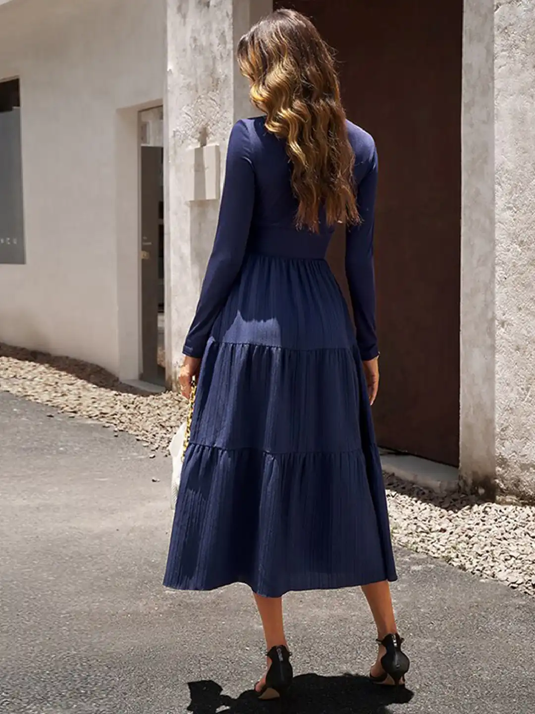 Buy StyleCast Blue V-Neck Tiered Midi Fit and Flare Dress