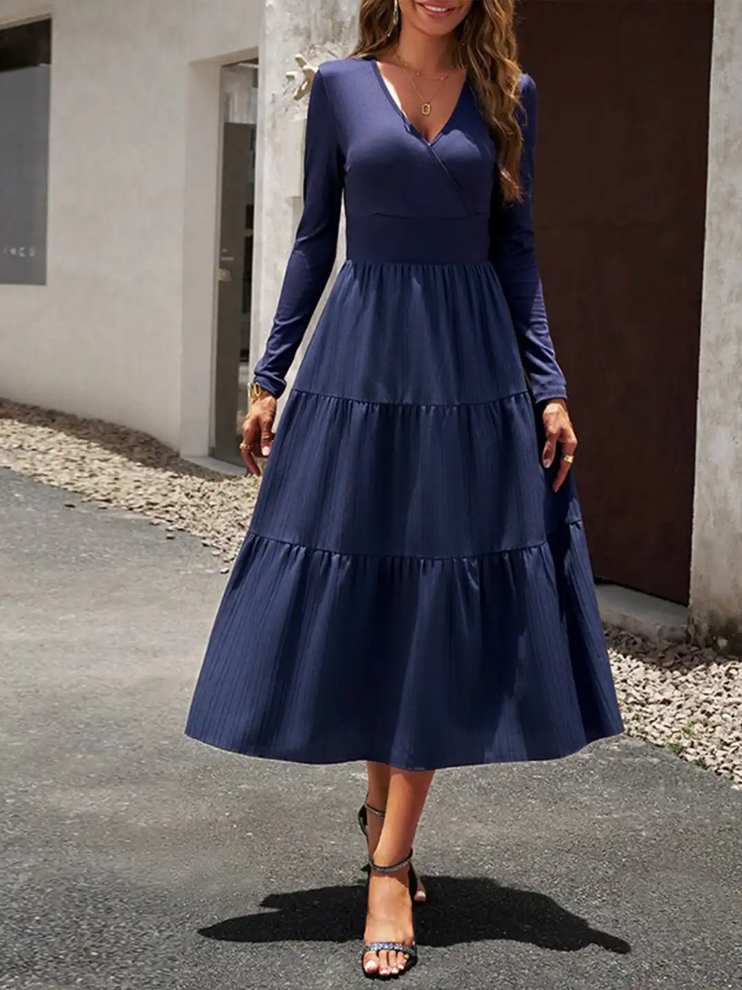 long sleeve v neck fit and flare dress White Flare Sleeve Plunge V Neck Dress