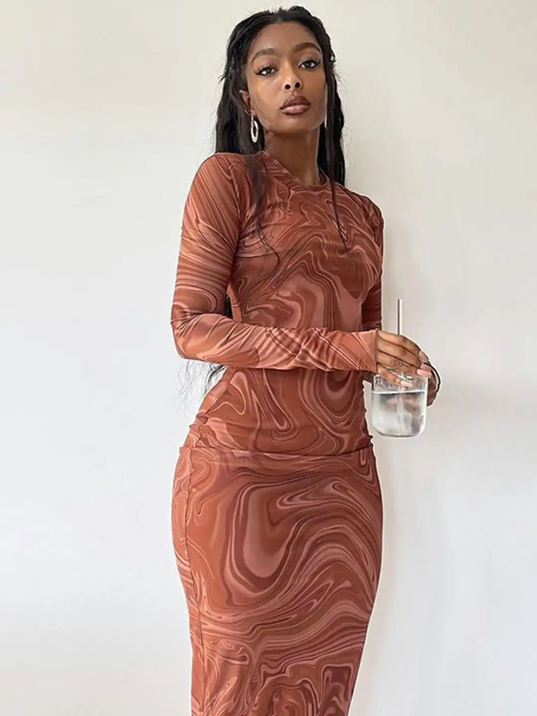 marble bodycon dress long sleeve Liquid Marble Print Long Sleeves Bodycon Dress In COFFEE