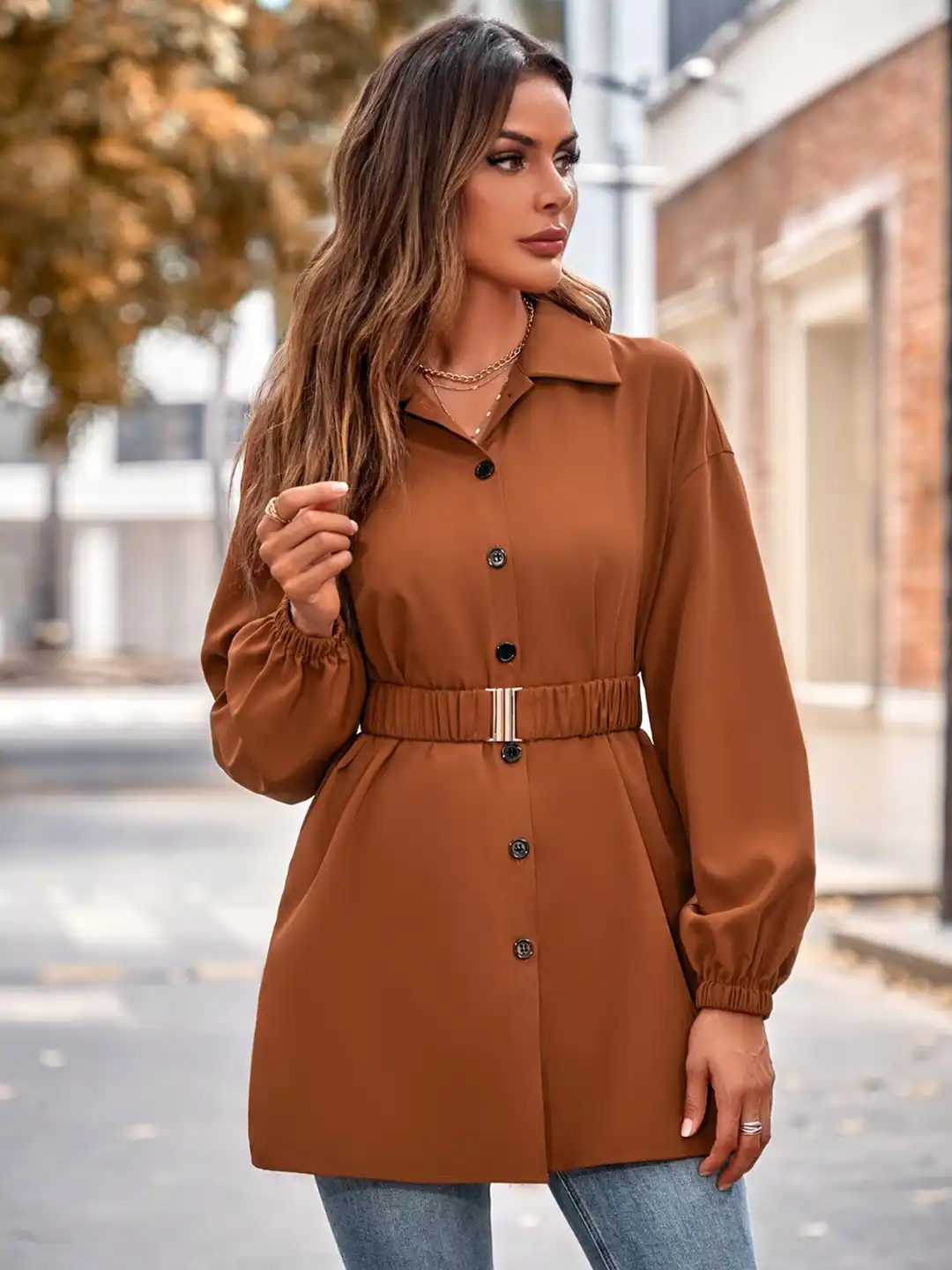 Buy StyleCast Brown Puff Sleeves Shirt Style Longline Top - Tops