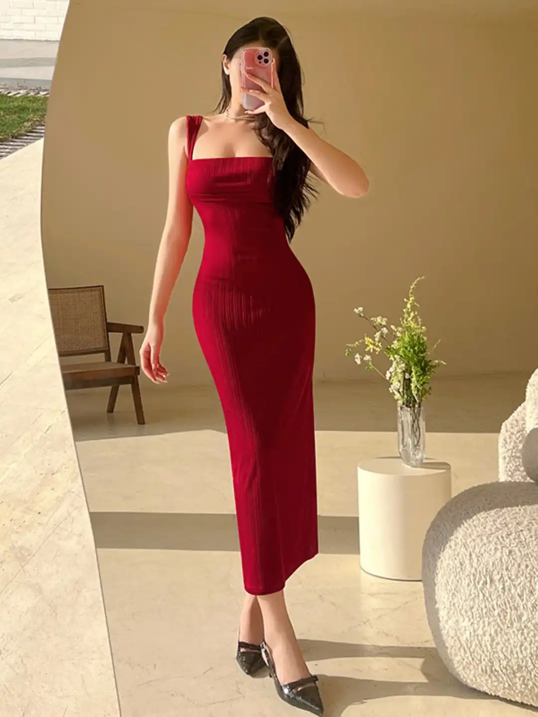 strapless open back dress Red Spaghetti Strap Sleeveless Solid Ruched Bodycon Slip Dress – Wear.Style main image 1