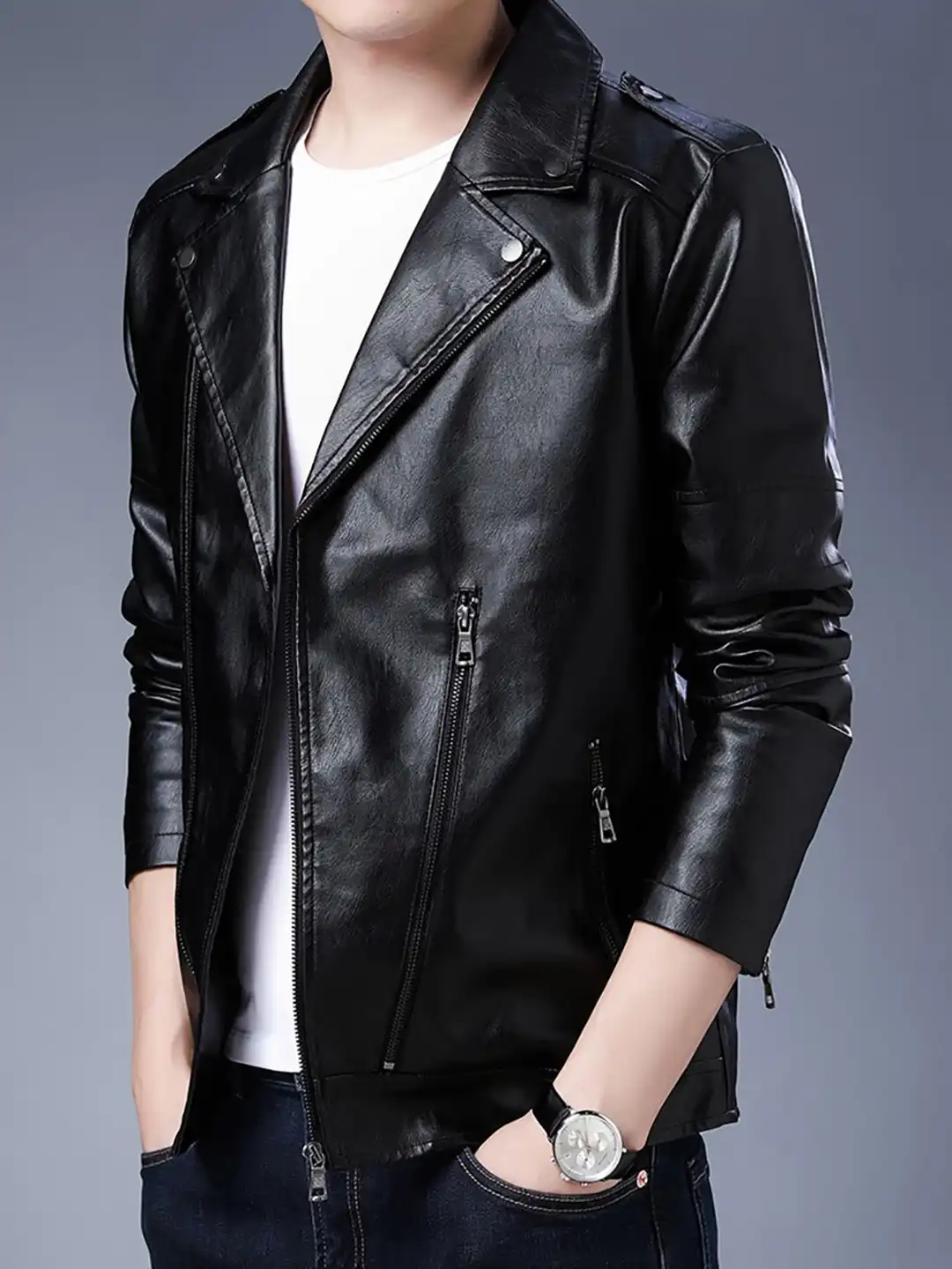 Buy StyleCast x Revolte Men Lapel Collar Solid Casual Leather