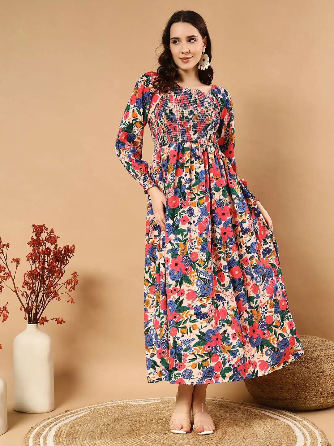 Buy CORSICA Women Floral Printed Long Sleeves Square Neck Smocked