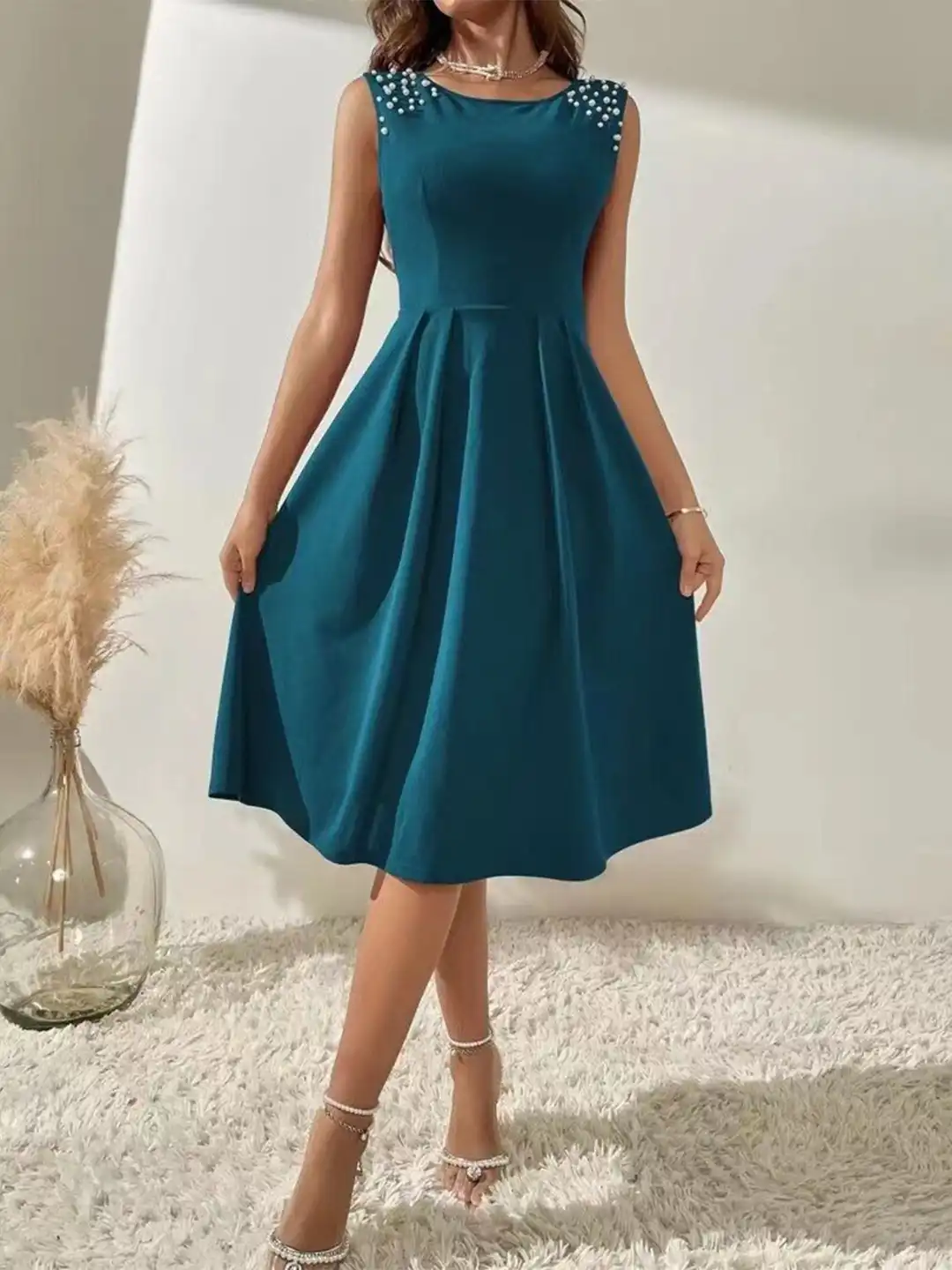 round neck fit and flare dress White Round-Neck Fit & Flare Dress main image 1