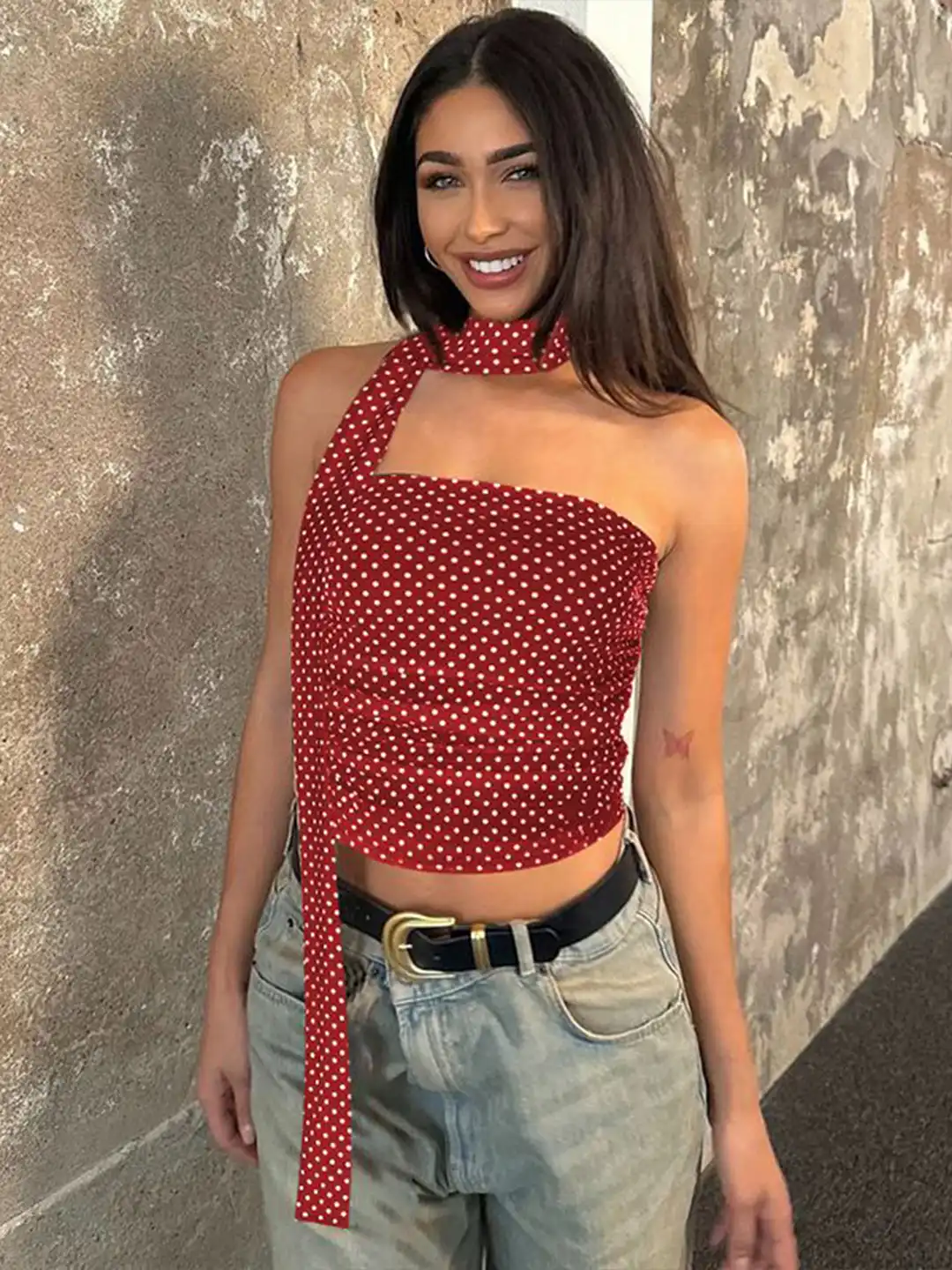 Buy StyleCast x Revolte Women Polka Dot Print Scarf Neck Tube Top