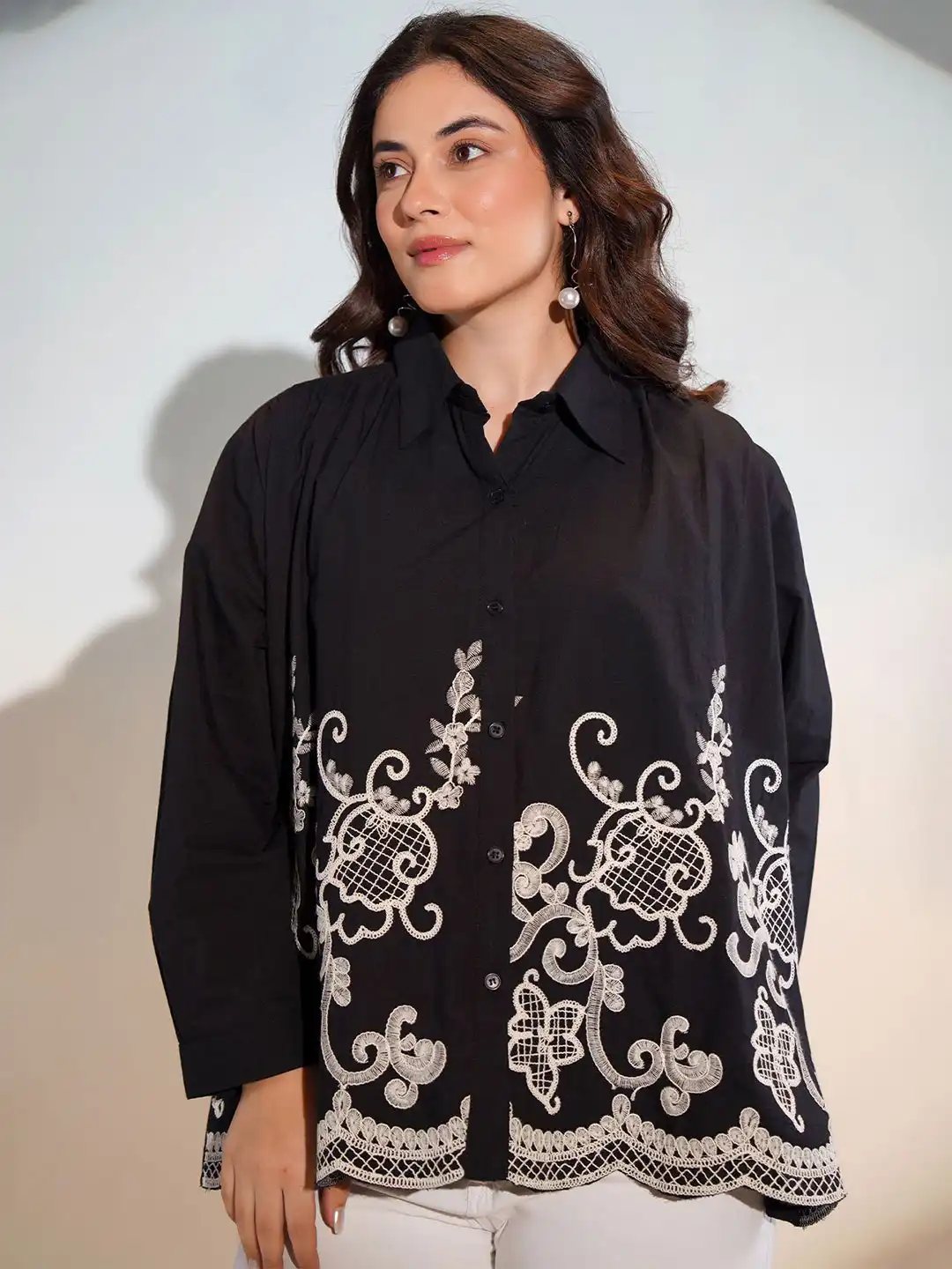 Buy ZUMMER Relaxed Floral Embroidered Oversized Cotton Shirt