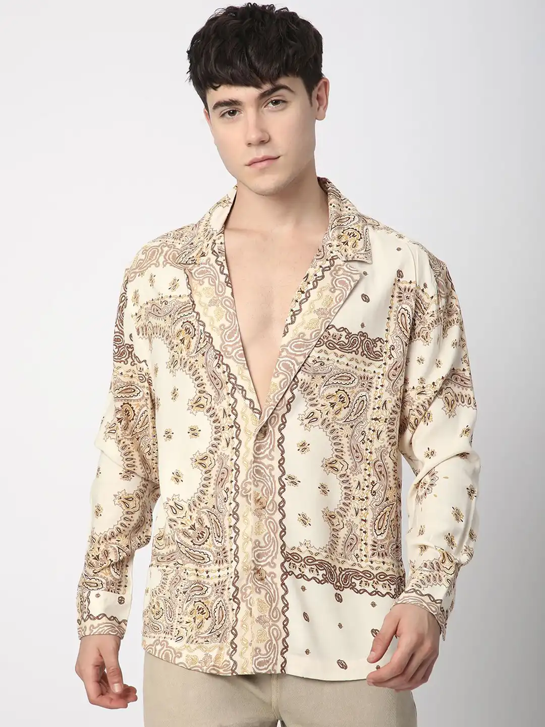 Buy VASTRADO Men Beige Paisley Printed Lapel Collar Oversized