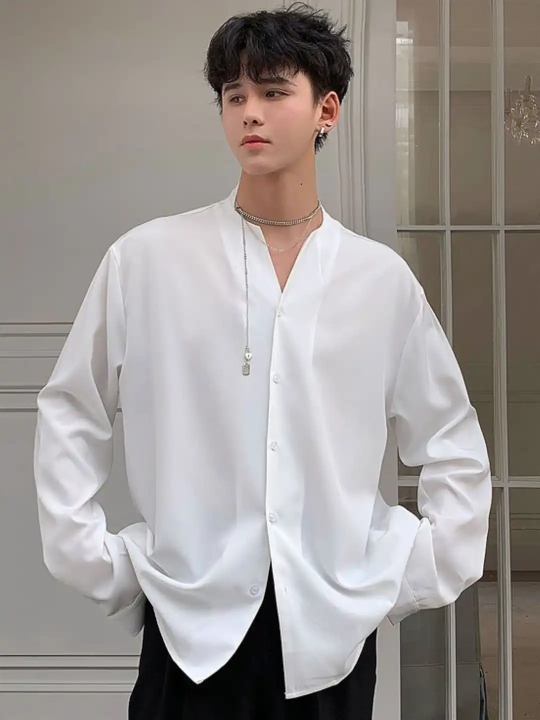kpop dress shirt Oversized Shirt for Men Streetwear Long Sleeve Chain Men's Shirts Korean Clothes Branded Clothing s1 XS at Amazon Men's Clothing store